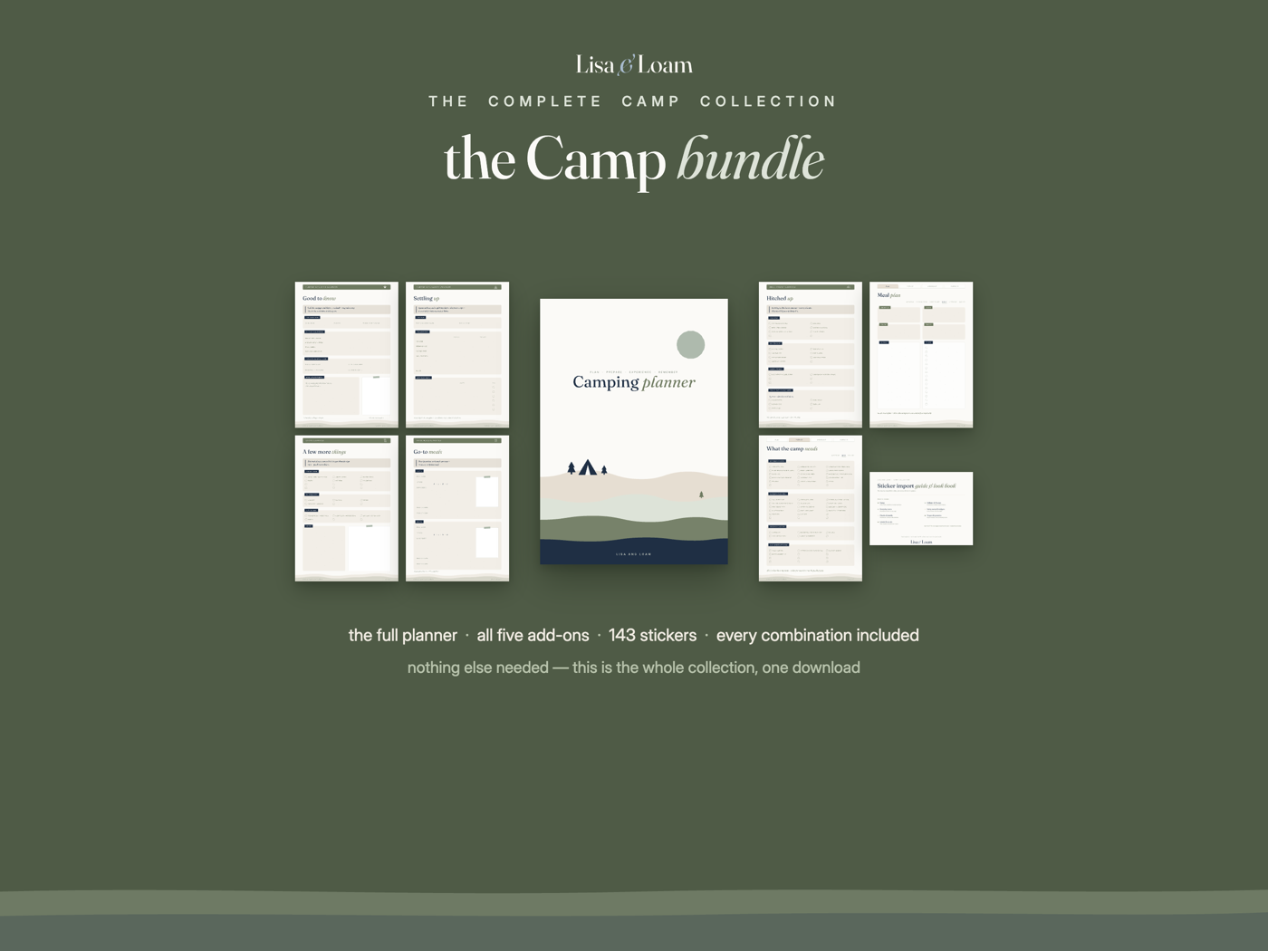 The Camp bundle — the camping planner surrounded by its five add-on packs