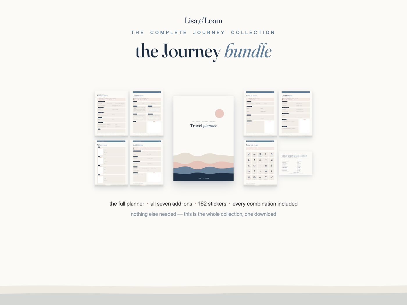 The Journey bundle — the planner surrounded by all seven add-on packs
