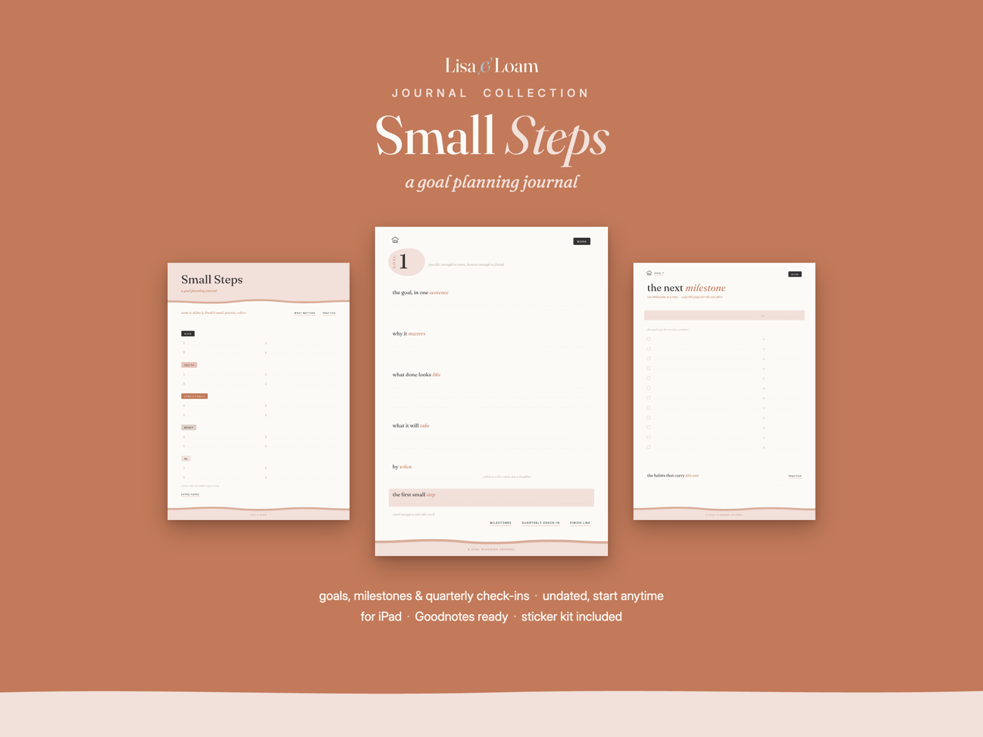 Small Steps goal planning journal on a terracotta background — a goal page in the center with the What Matters hub and a milestone page beside it
